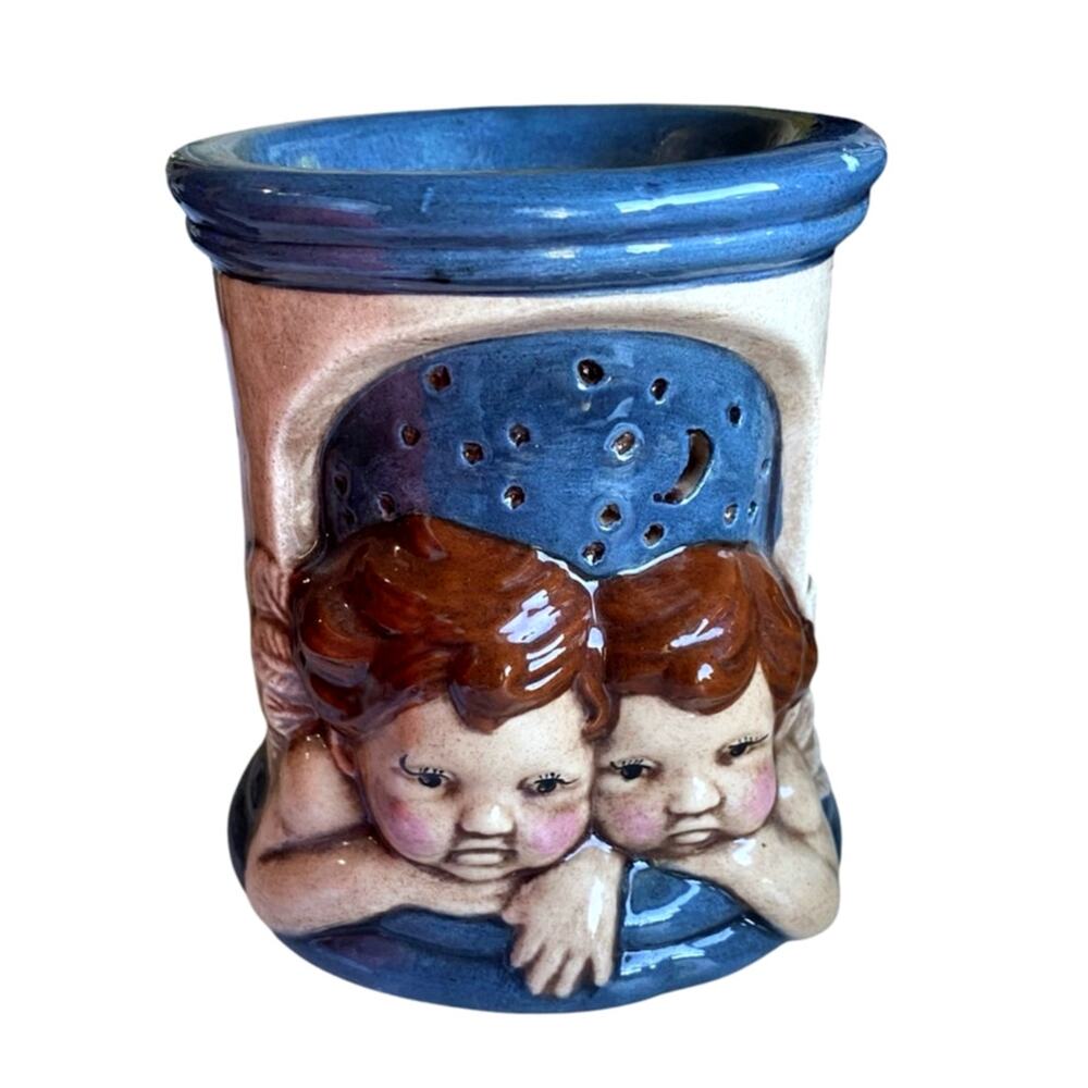 Vintage 90s Ceramic Cherub Angel Tea Light Wax Warmer Celestial Stars Moon